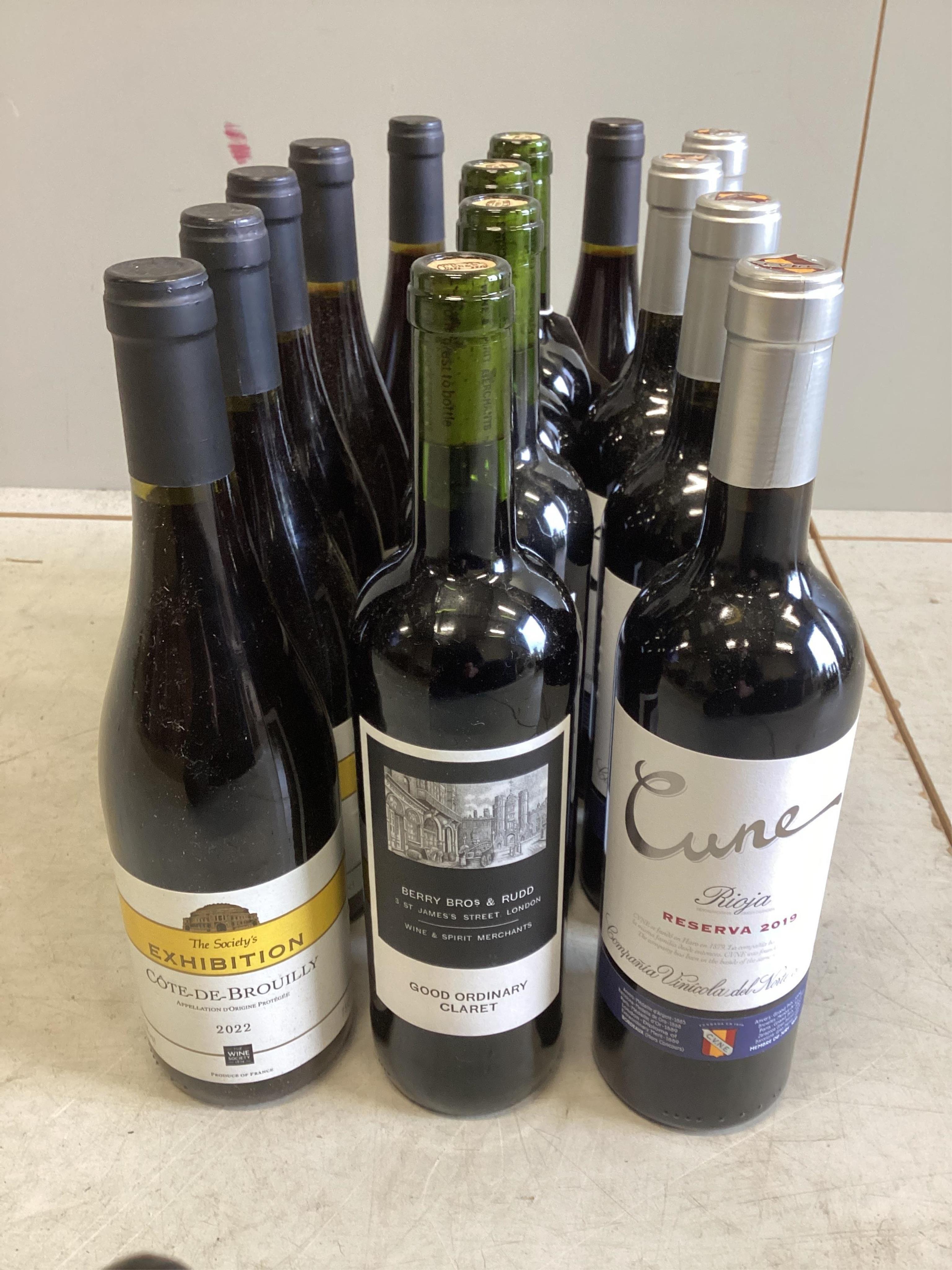 Four bottles of Berry Bros.& Rudd Good Ordinary Claret, six bottles of The Society Exhibition Cote De Brouilly and four bottles of Cune Rioja Reserva 2019 (14) Surplus stock from a local wedding planner. Condition - good